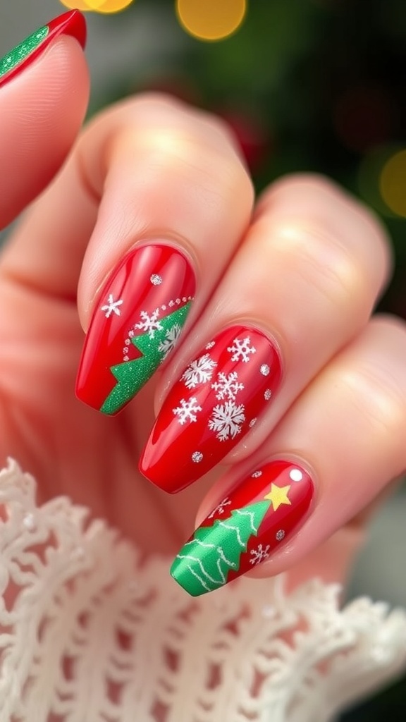 Short coffin-shaped Christmas nails in red and green with festive designs.